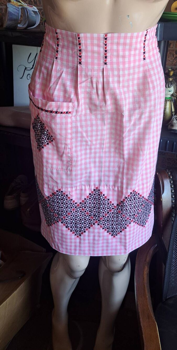 Vintage Pink Handmade Gingham Apron Embroidered Cottagecore Retro Kitchen Half A